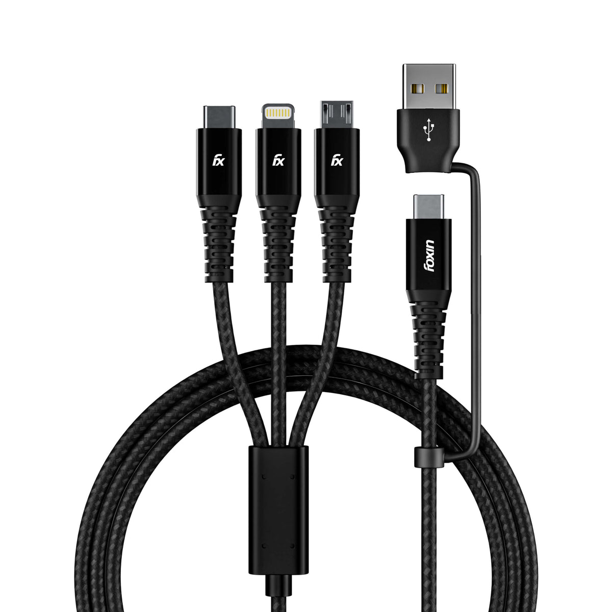 Foxin MAC 05 Dual Input 3 in 1 Nylon Braided 1.5mt 4 Amp Multipurpose Parallel Fast Charging Cable | Universally compatible | USB &amp; Typc C Input | Type C, 8 Pin, Micro Output | Made in India | Black