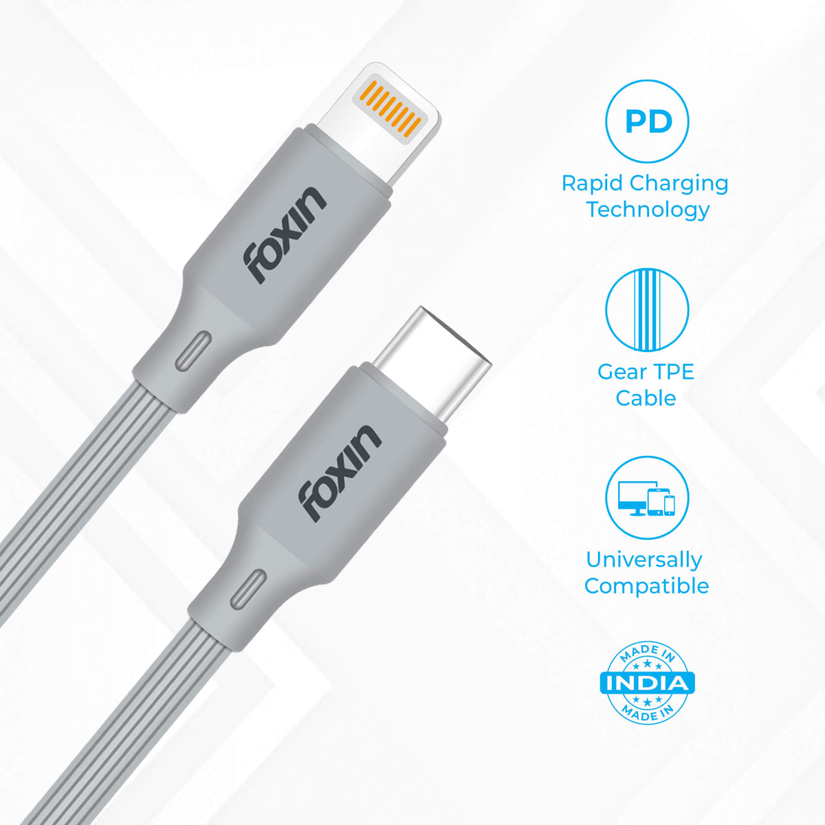 Foxin 20W PD Fast Charging Type-C to Lightning 1.2M Gear Type Durable and Flexible Cable with Rapid Charging Technology, 480 Mbps Data Transmission Speed, Compatible with all 8 Pin Accessories | Grey (FDC-TCA10)