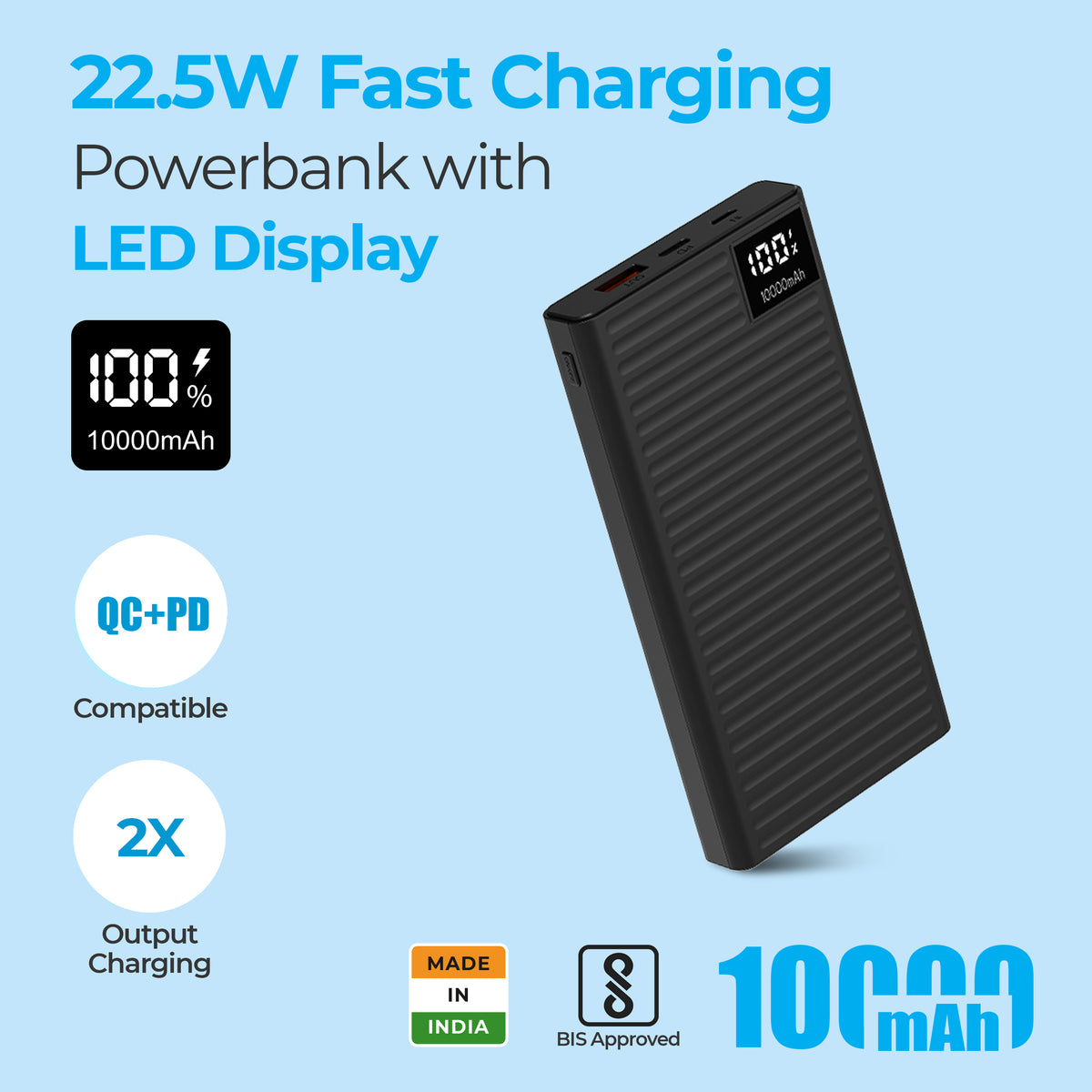Foxin 22.5W Fast Charging Powerbank 10,000mAh with LED Display, QC+PD Ports, Sleek &amp; Lightweight Travel Essential | Black