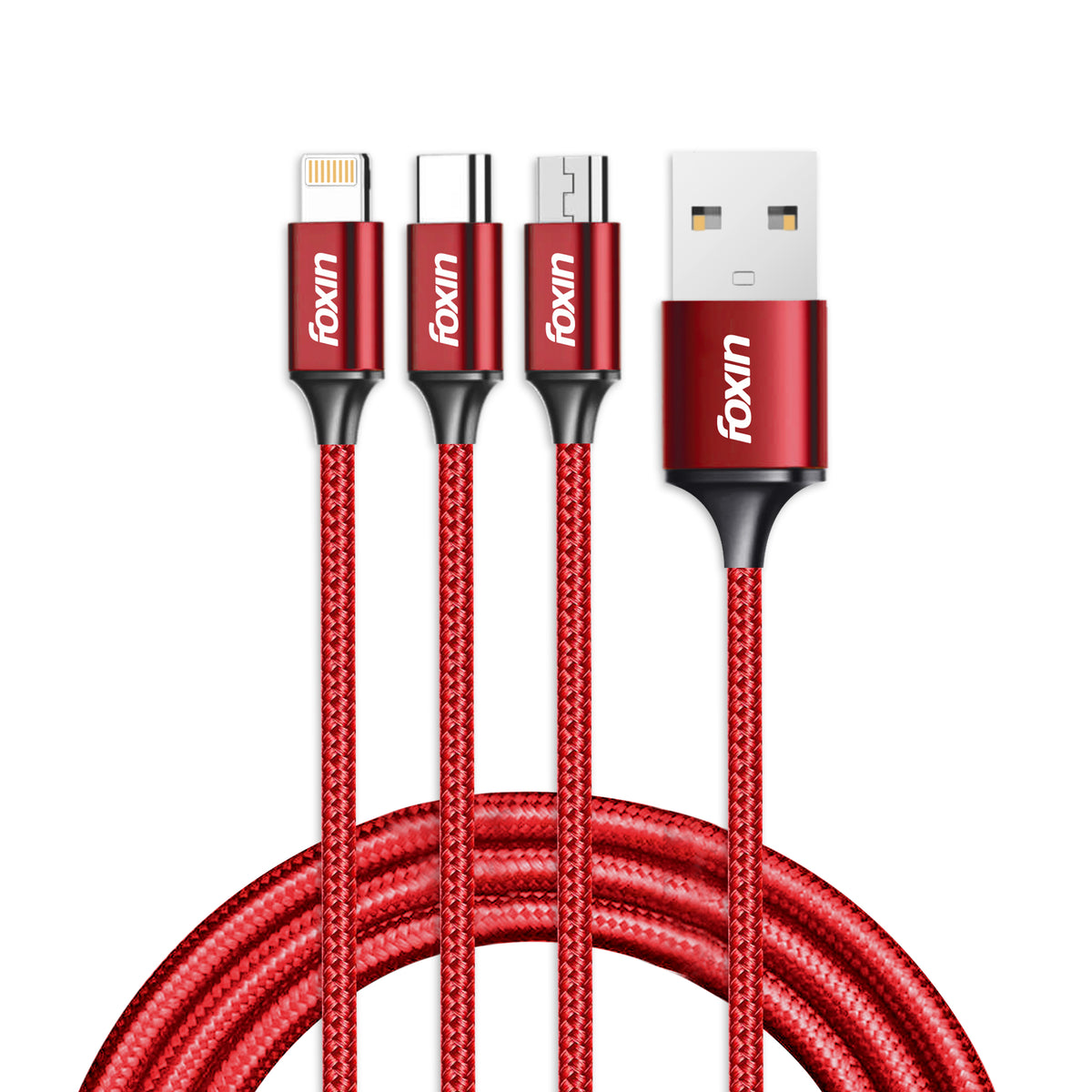 Foxin FDC-MAC03 3-in-1 USB Cable 1.2m | Up to 3.0A Current | Alloy Metal Shell | Kevlar Braided | BIS Certified | 6-Month Warranty | Red Colour