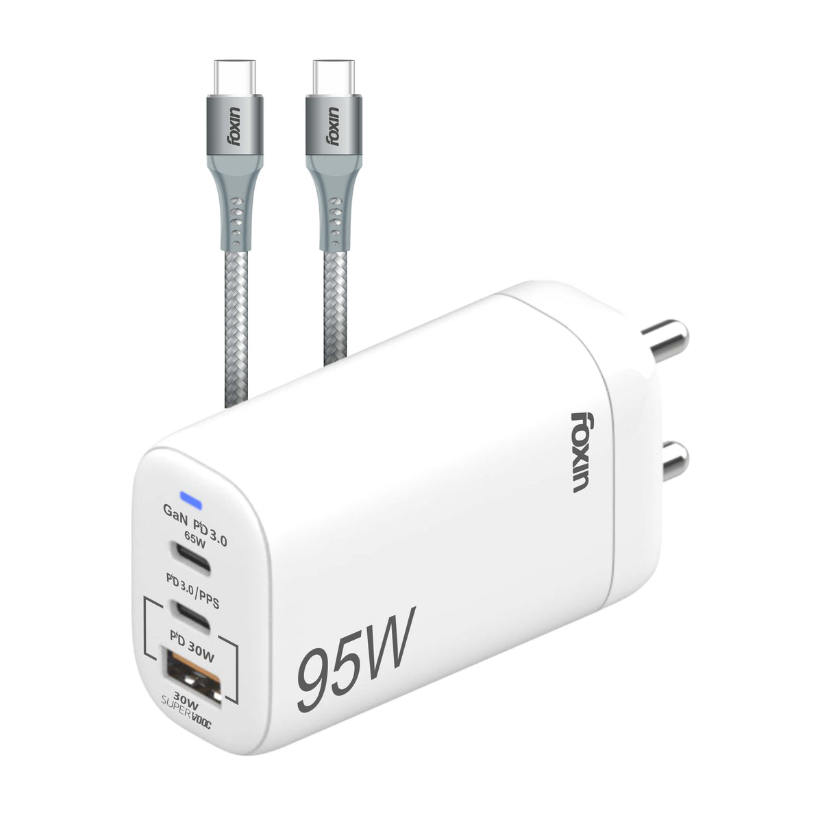 Foxin 95W GaN Fast Charging Triple Port USB Adapter | SuperVOOC | Dual PD Type-C &amp; USB-A QC Charger | Charge 3 Device at a time | Compatible with Laptop, Tablet, Smartphone, Samsung PPS Devices, Accessories | White (FPA-650)
