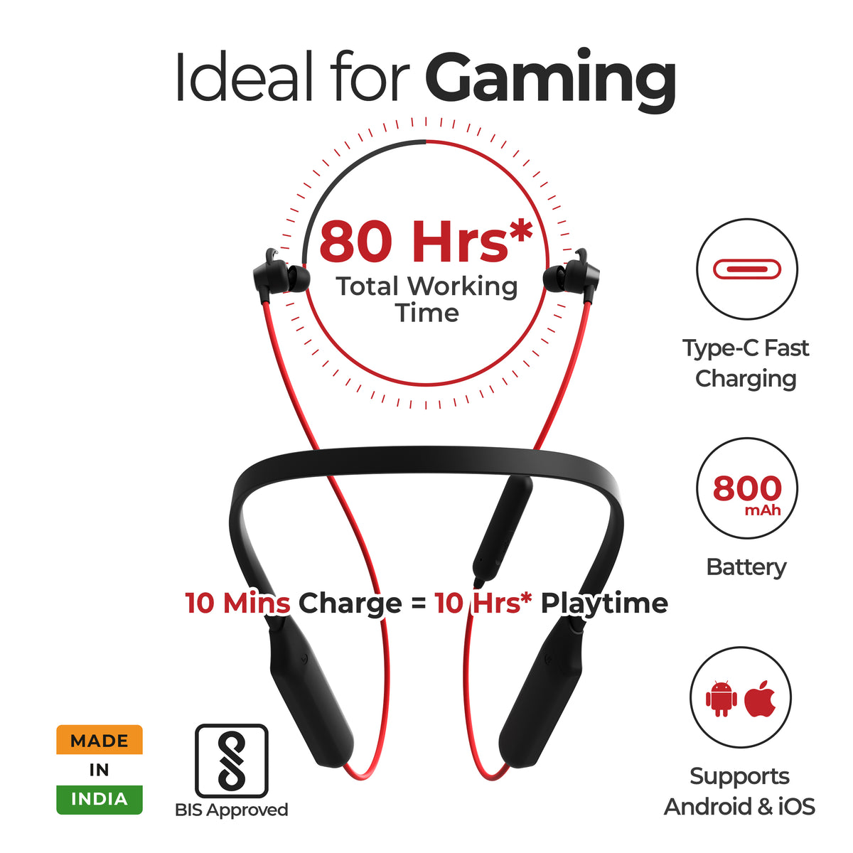 Foxin FoxBeat 220 Gaming Neckband Earphones | 60MS Low Latency, Lightweight | Made in India - Ideal for Music &amp; Games