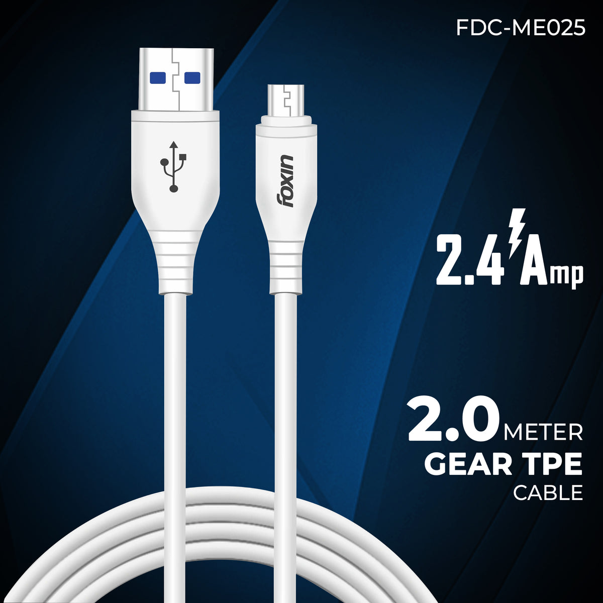 Foxin FDC-ME025 White 2.4 Amp Micro USB 2 Meters Cable