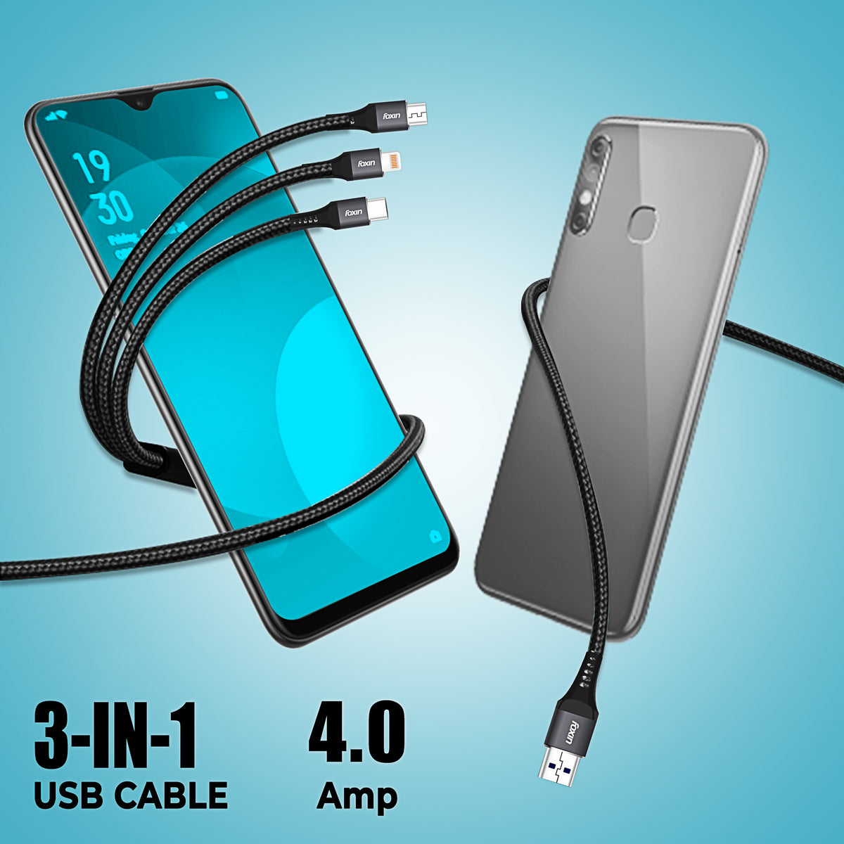 Foxin Mac08 Metal &amp; Nylon Braided 3 In 1 Parallel 4.0A Fast Charging Cable With Aluminium Alloy | 12W Fast Charging | 1.2 Meters Cable (4 feet) | Hi-Speed Smart Charging Cable, For Smartphone, iPhone, Micro And Type-C Devices