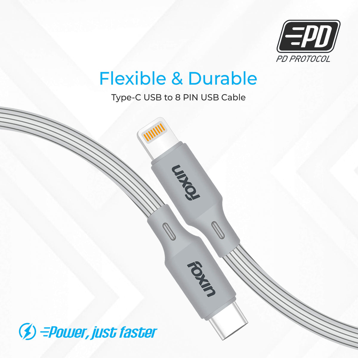 Foxin 20W PD Fast Charging Type-C to Lightning 1.2M Gear Type Durable and Flexible Cable with Rapid Charging Technology, 480 Mbps Data Transmission Speed, Compatible with all 8 Pin Accessories | Grey (FDC-TCA10)