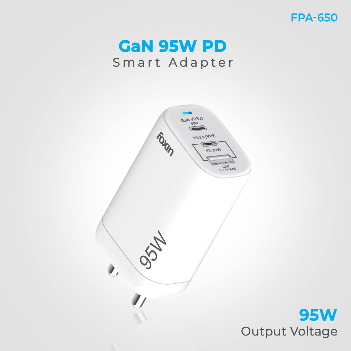 Foxin 95W GaN Fast Charging Triple Port USB Adapter | SuperVOOC | Dual PD Type-C &amp; USB-A QC Charger | Charge 3 Device at a time | Compatible with Laptop, Tablet, Smartphone, Samsung PPS Devices, Accessories | White (FPA-650)