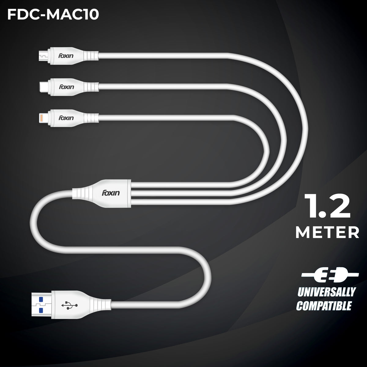 Foxin MAC10 3 in 1 Parallel Charging Aluminium Alloy Metal PVC Cable with 2.4A Fast Charging and 480 Mbps Data Transfer Rate, 1.2 Meters long, High Speed Smart Charging Cable, Compatible with IOS/Android, Micro and Type-C devices (White)