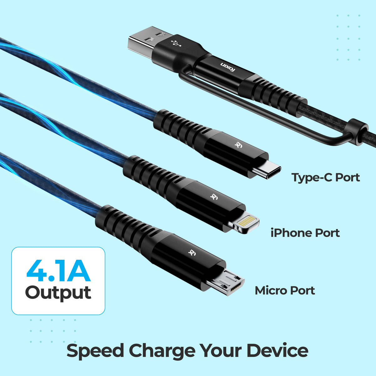 Foxin MAC 05 Dual Input 3 in 1 Nylon Braided 1.5mt 4 Amp Multipurpose Parallel Fast Charging Cable | Universally compatible | USB &amp; Typc C Input | Type C, 8 Pin, Micro Output | Made in India | Black