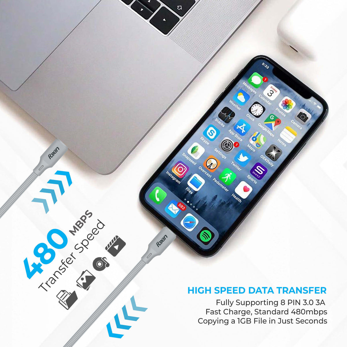 Foxin 20W PD Fast Charging Type-C to Lightning 1.2M Gear Type Durable and Flexible Cable with Rapid Charging Technology, 480 Mbps Data Transmission Speed, Compatible with all 8 Pin Accessories | Grey (FDC-TCA10)