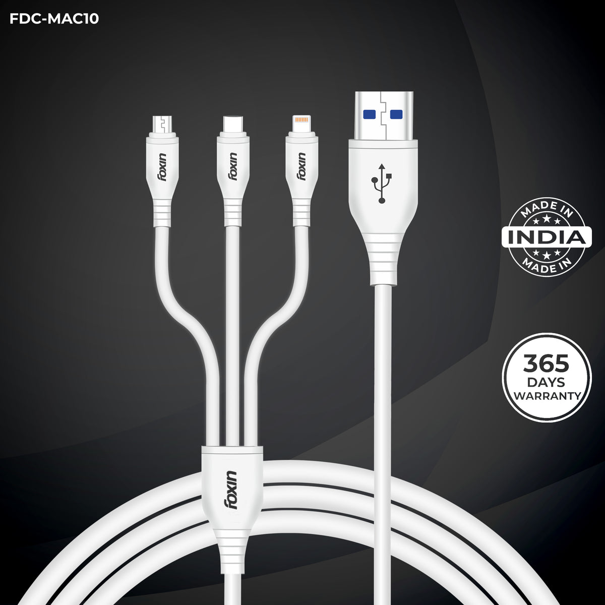 Foxin MAC10 3 in 1 Parallel Charging Aluminium Alloy Metal PVC Cable with 2.4A Fast Charging and 480 Mbps Data Transfer Rate, 1.2 Meters long, High Speed Smart Charging Cable, Compatible with IOS/Android, Micro and Type-C devices (White)