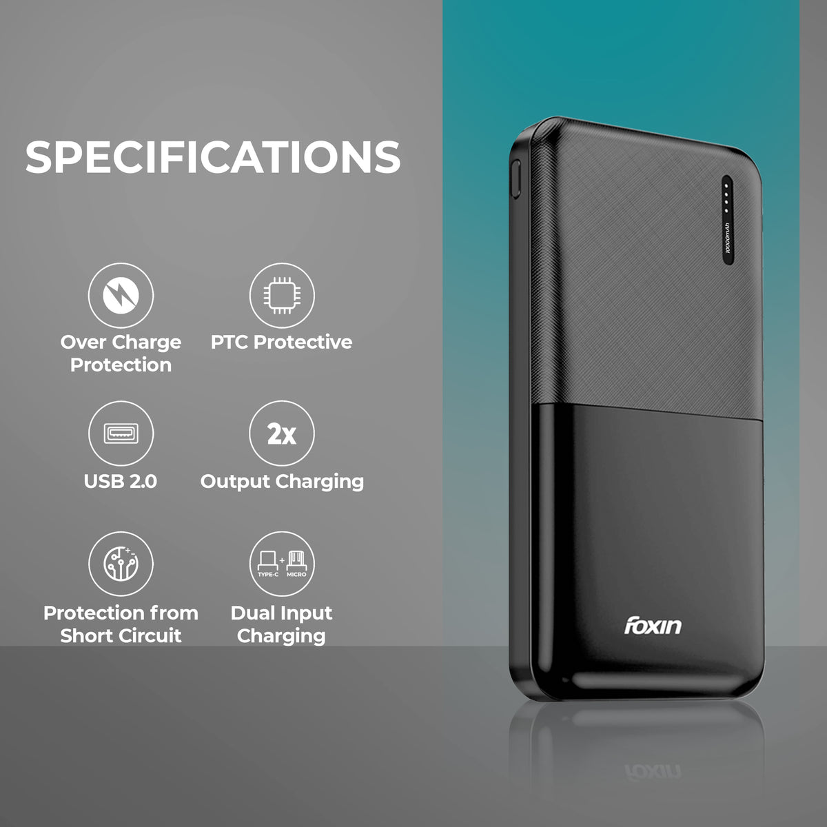 Foxin 10000 mAh 12W Fast Charging Li-Polymer Ultra Power Bank |