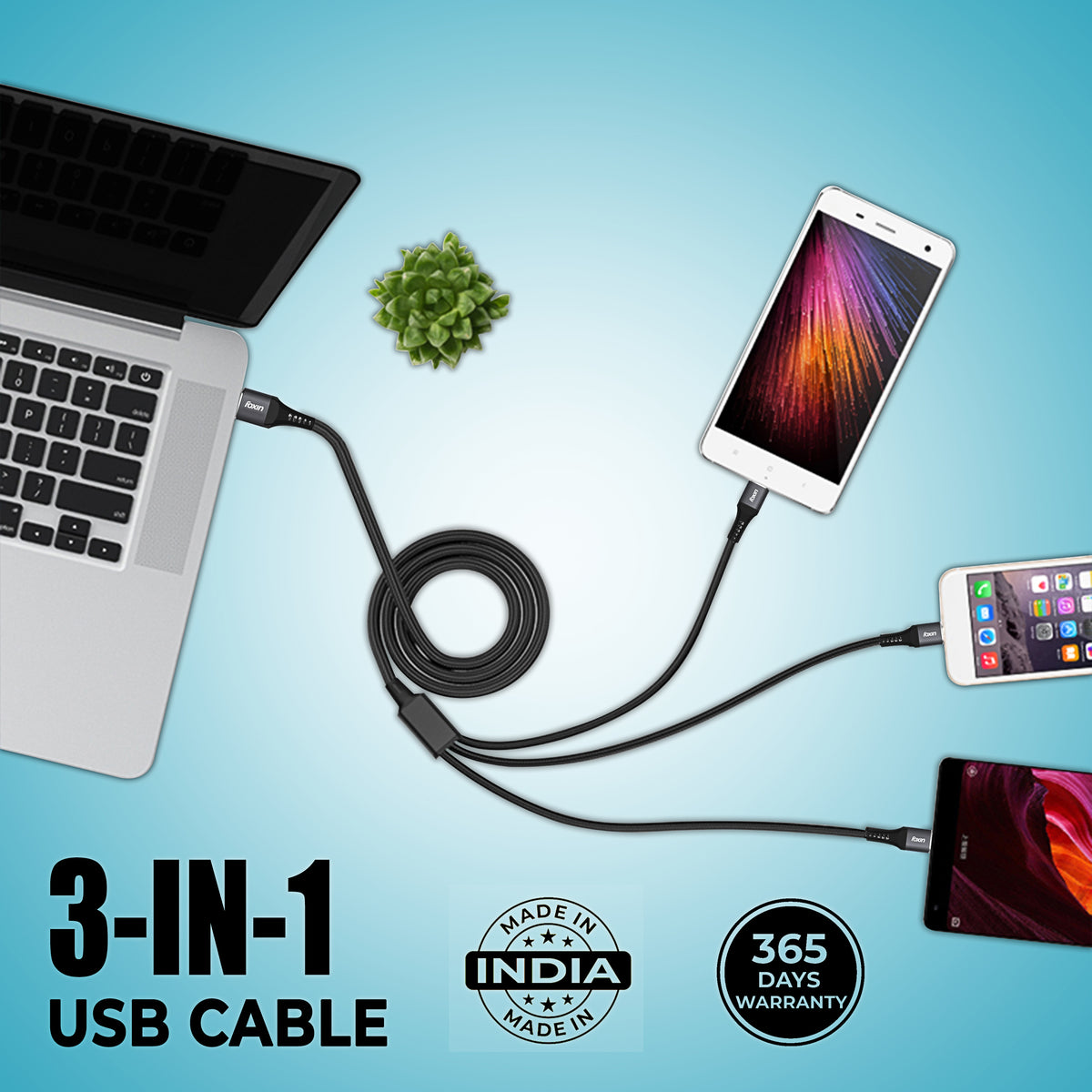 Foxin Mac08 Metal &amp; Nylon Braided 3 In 1 Parallel 4.0A Fast Charging Cable With Aluminium Alloy | 12W Fast Charging | 1.2 Meters Cable (4 feet) | Hi-Speed Smart Charging Cable, For Smartphone, iPhone, Micro And Type-C Devices