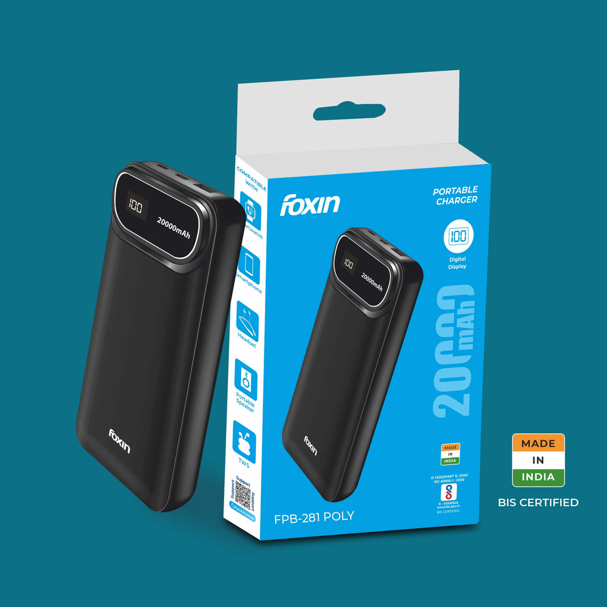 Foxin FPB-281 Poly Power Bank with 20000mAh Battery,12W Fast Charging, Type C &amp; Micro USB Input, 2 USB outputs, BIS Certified, Made in India