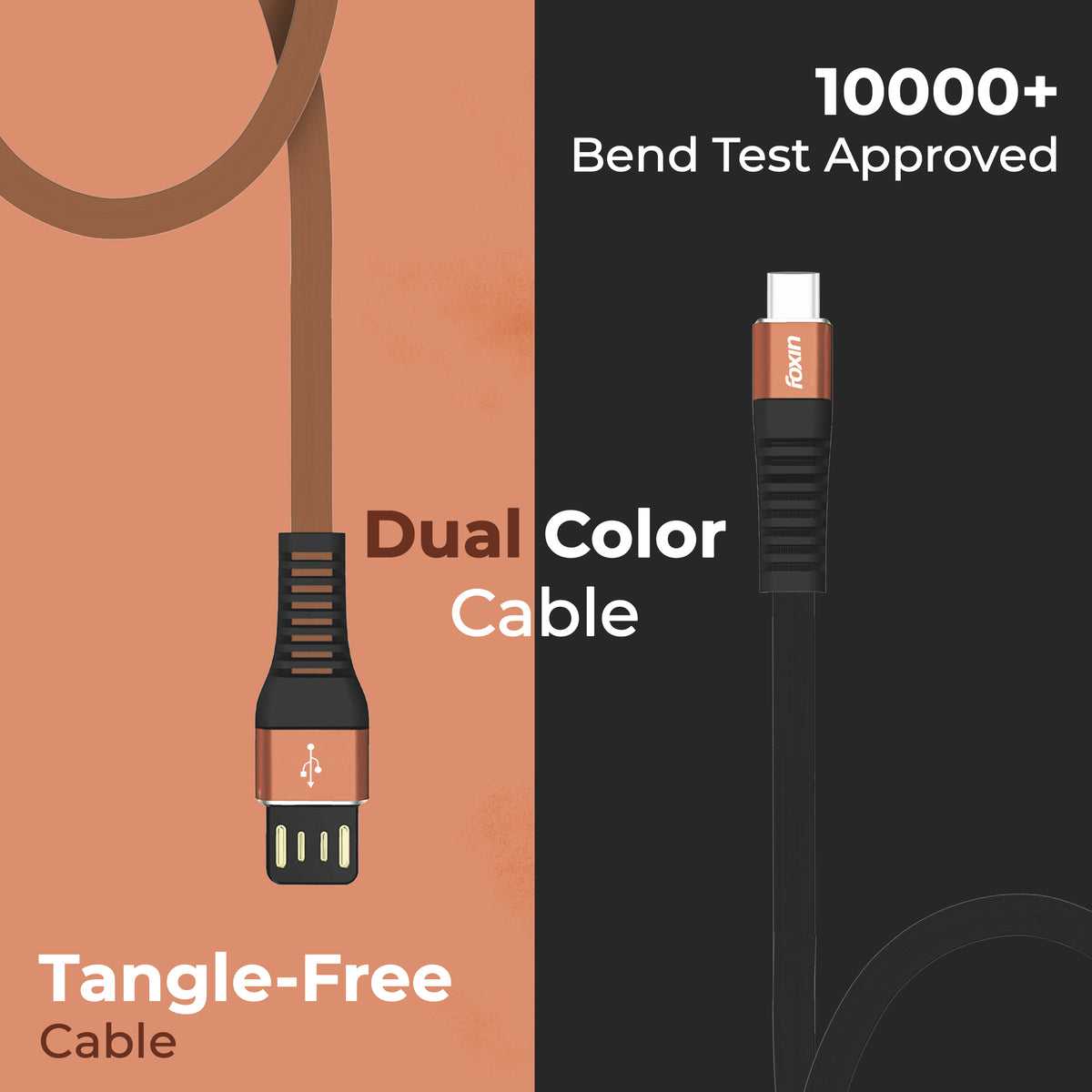 Foxin FLAT Premium USB to Type-C 1.2 mt 480 mbps Charge &amp; Sync Cable with Reversible USB-A Connector | Dual Colour | Compatible with Mobile Phone &amp; Tablets | Tangle Free | Made in India