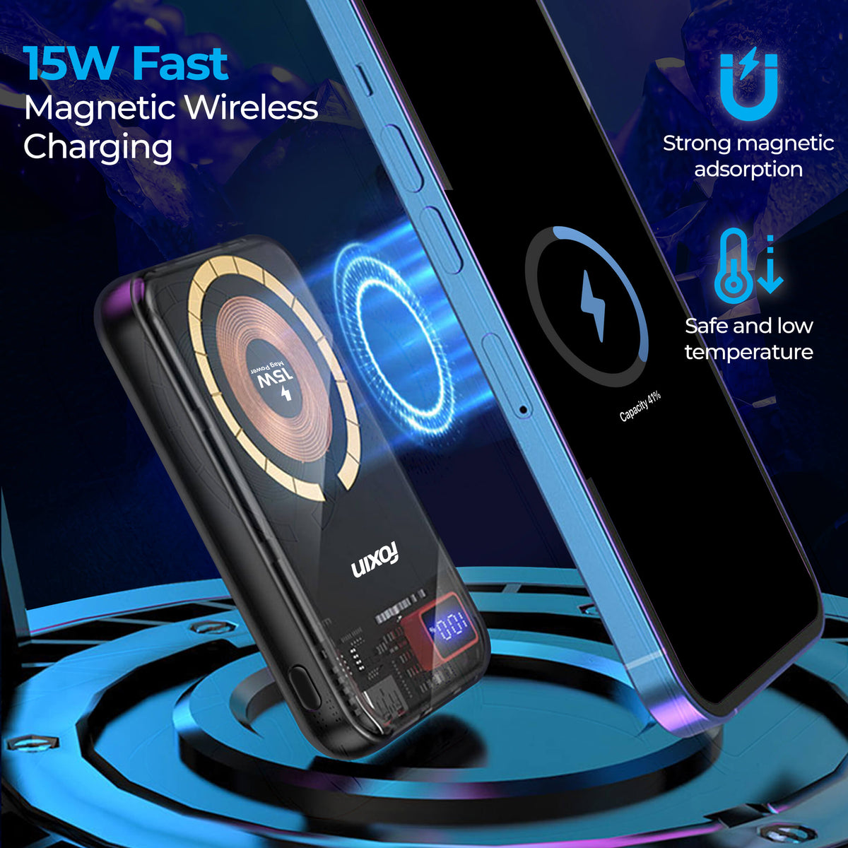 Foxin Mag 15 Pro Wireless Power Bank 10,000 mAh | 22.5W QC+PD Fast Charging | BIS Certified