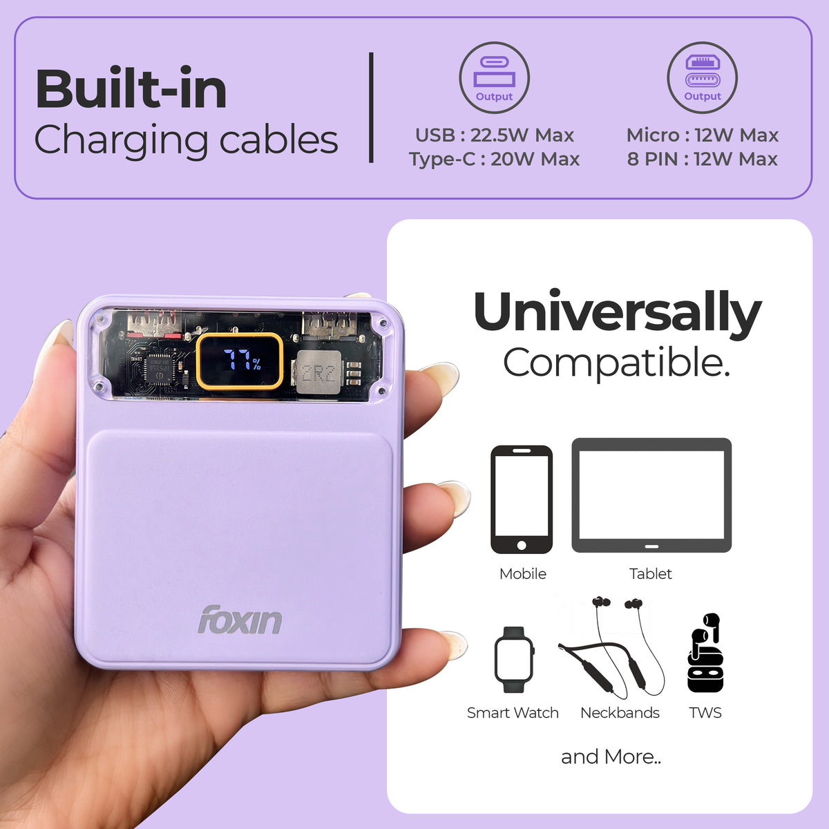 Foxin All-In-One 22.5W QC+PD Power Bank with Built-in Charging Cables 10000 mAH - Compatible with all Phone Models | SuperVOOC, BIS Certified