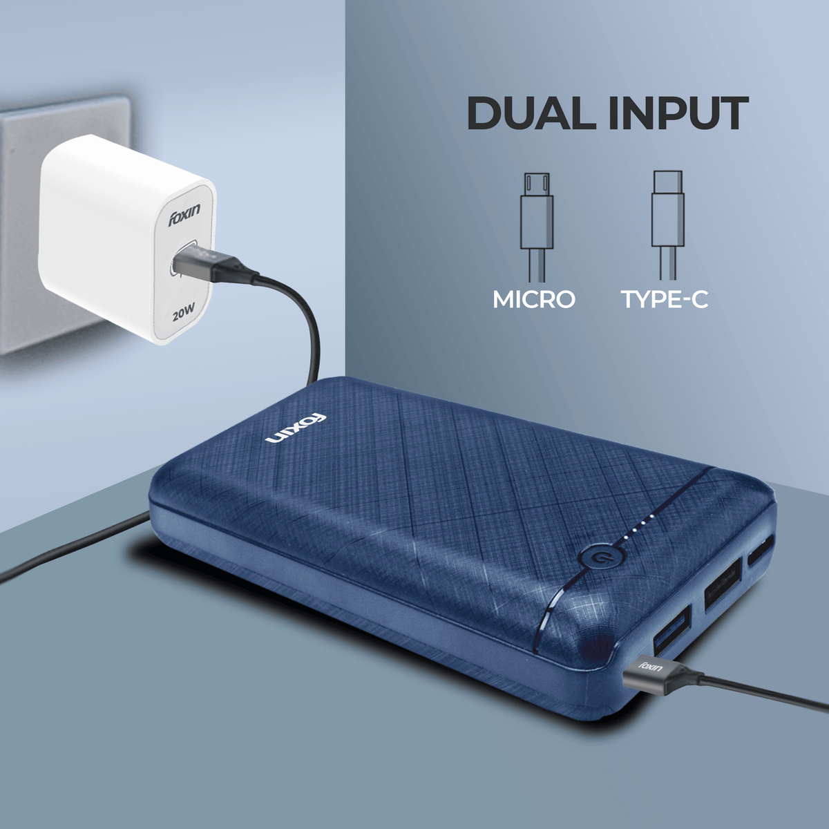 Foxin 20000 mAh 12W Fast Charging Li-Polymer Ultra Power Bank | Dual Micro-USB &amp; Type C Input | Dual USB Output 5V/2.4A | BIS Certified | Made In India | 180-Days Warranty | Blue (FPB 246 POLY)