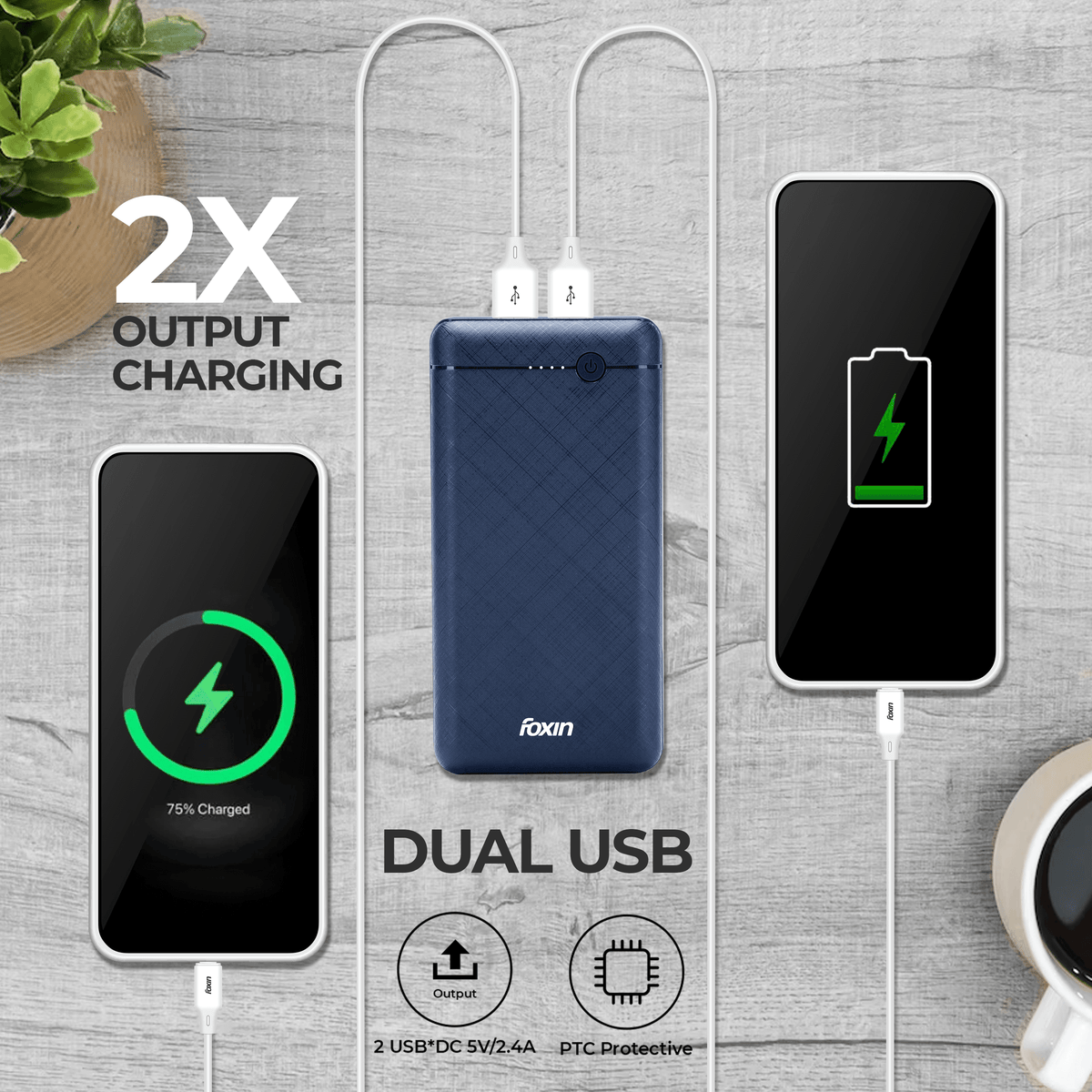Foxin 20000 mAh 12W Fast Charging Li-Polymer Ultra Power Bank | Dual Micro-USB &amp; Type C Input | Dual USB Output 5V/2.4A | BIS Certified | Made In India | 180-Days Warranty | Blue (FPB 246 POLY)