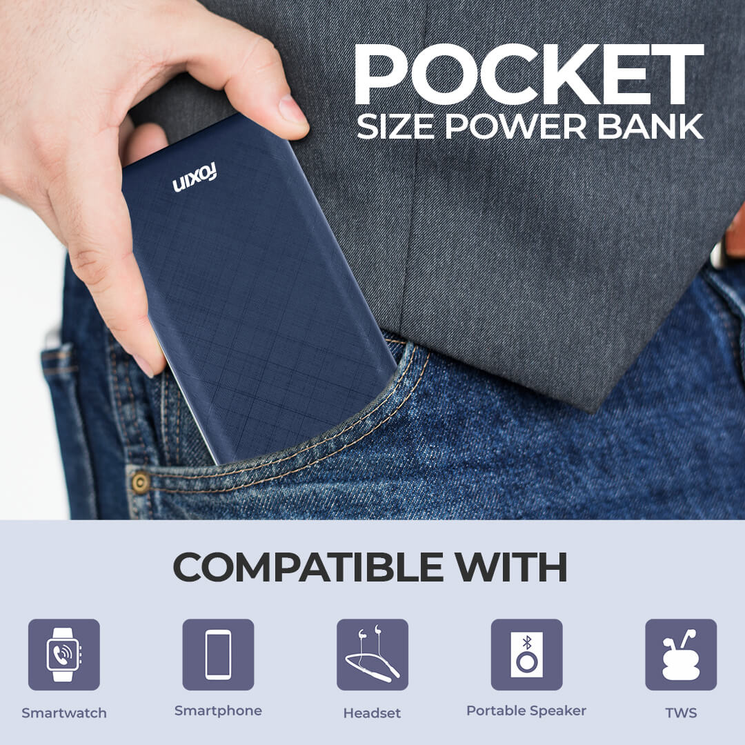 Foxin 20000 mAh 12W Fast Charging Li-Polymer Ultra Power Bank | Dual Micro-USB &amp; Type C Input | Dual USB Output 5V/2.4A | BIS Certified | Made In India | 180-Days Warranty | Blue (FPB 246 POLY)