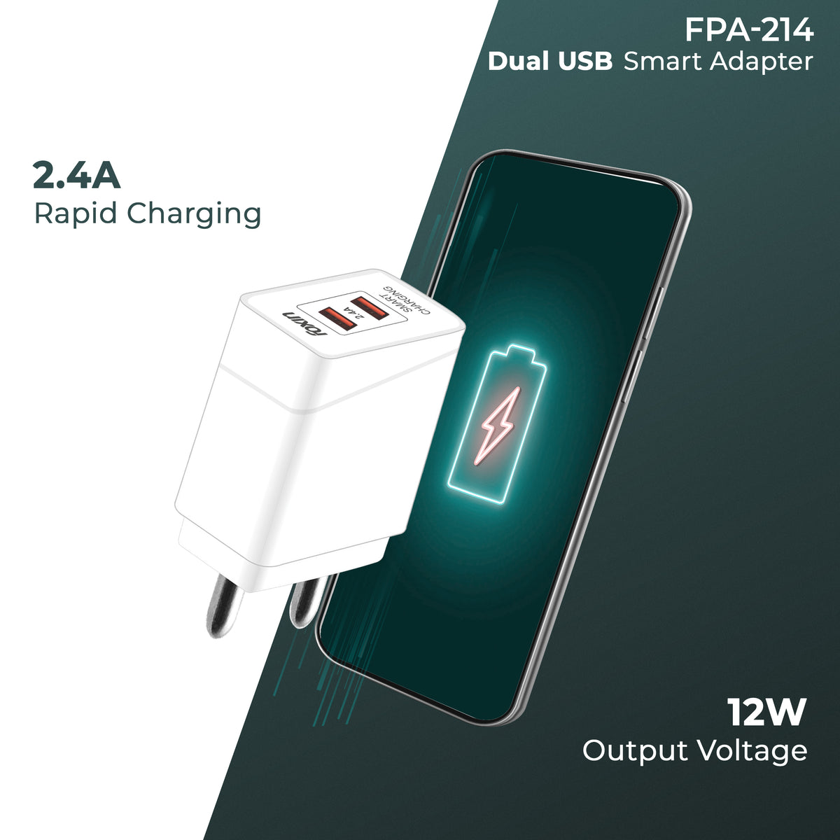 FOXIN Dual USB Adapter FPA-214 (2.4Amp) with Type-C USB - Ultra Protection Rapid Charging Smart Adapter |