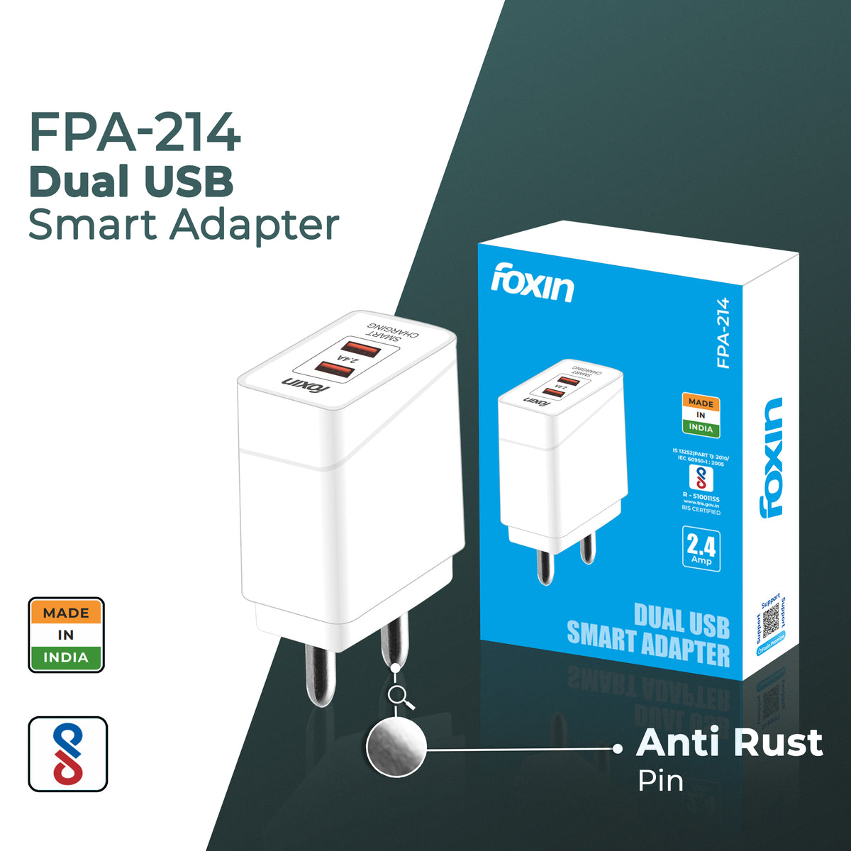 FOXIN Dual USB Adapter FPA-214 (2.4Amp) with Type-C USB - Ultra Protection Rapid Charging Smart Adapter |