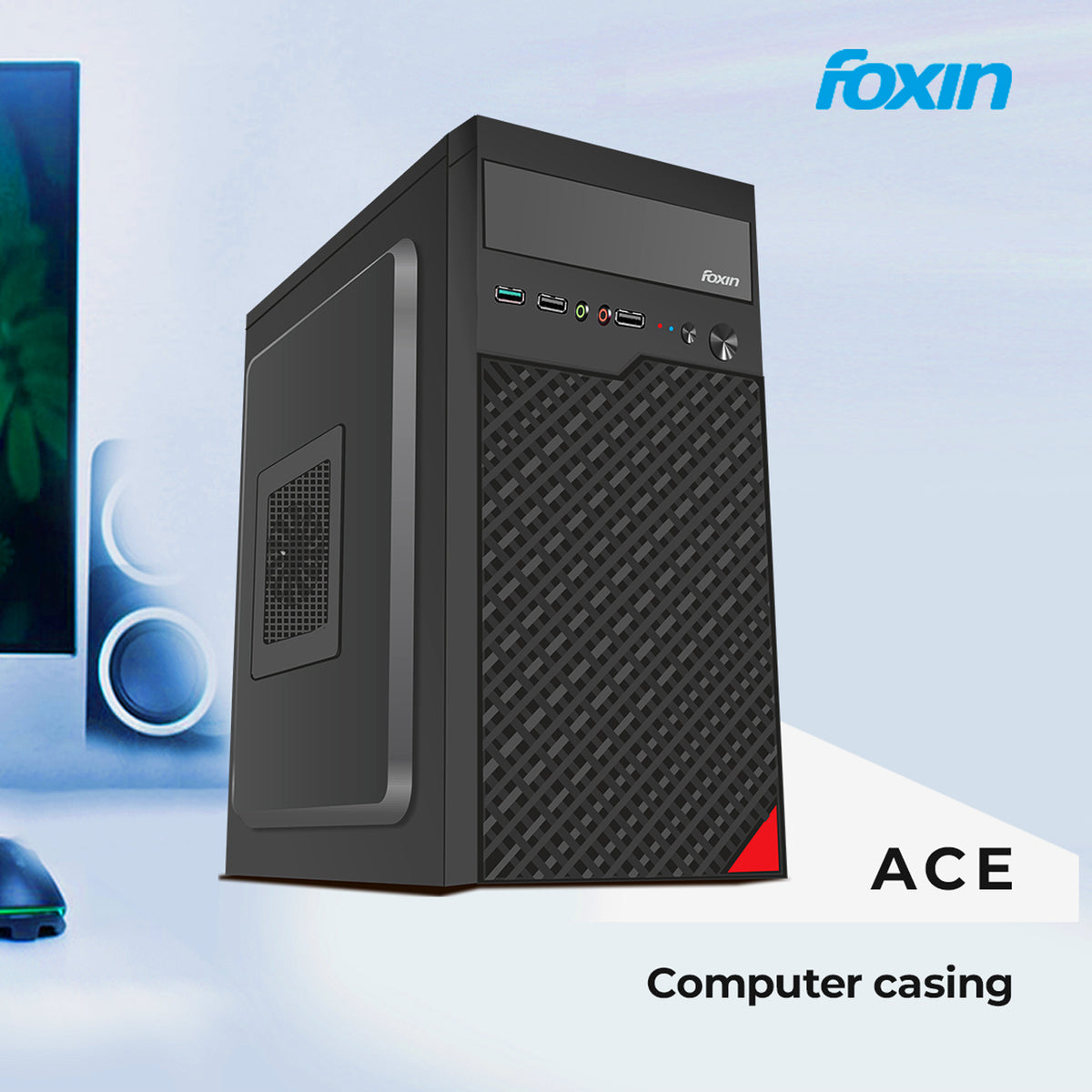 Foxin ACE Desktop Computer Case / PC Cabinet - with Steel Metal Body | Front Panel 2 x USB 1.0 Port | HD Audio / MIC Jack Port | 8 CM x 12 CM Fan Position
