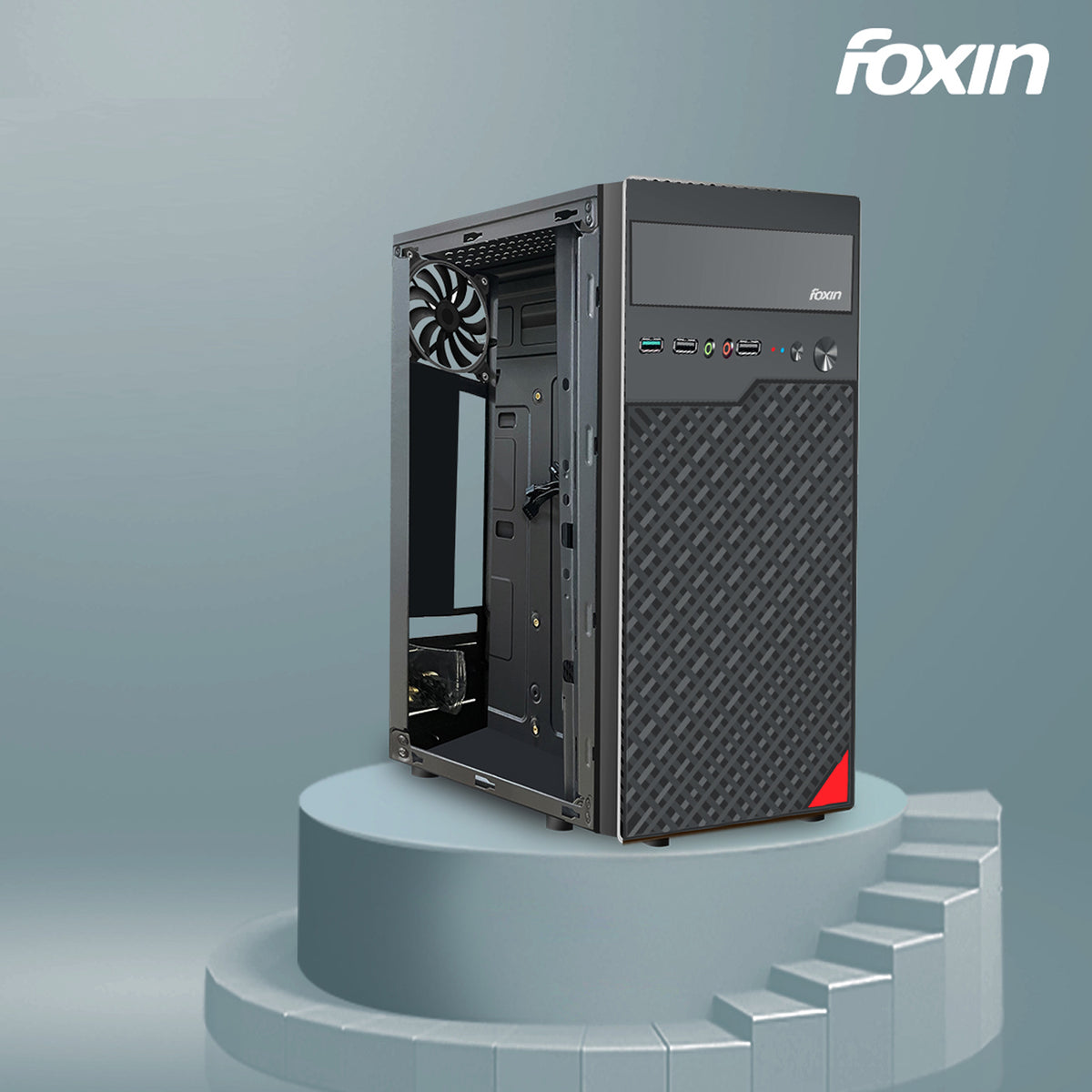 Foxin RACE Desktop Computer Case / PC Cabinet - with Steel Metal Body | Front Panel 2 x USB 1.0 Port | HD Audio/ MIC Jack Port | 8 CM x 12 CM Fan Position | Color Metallic Black