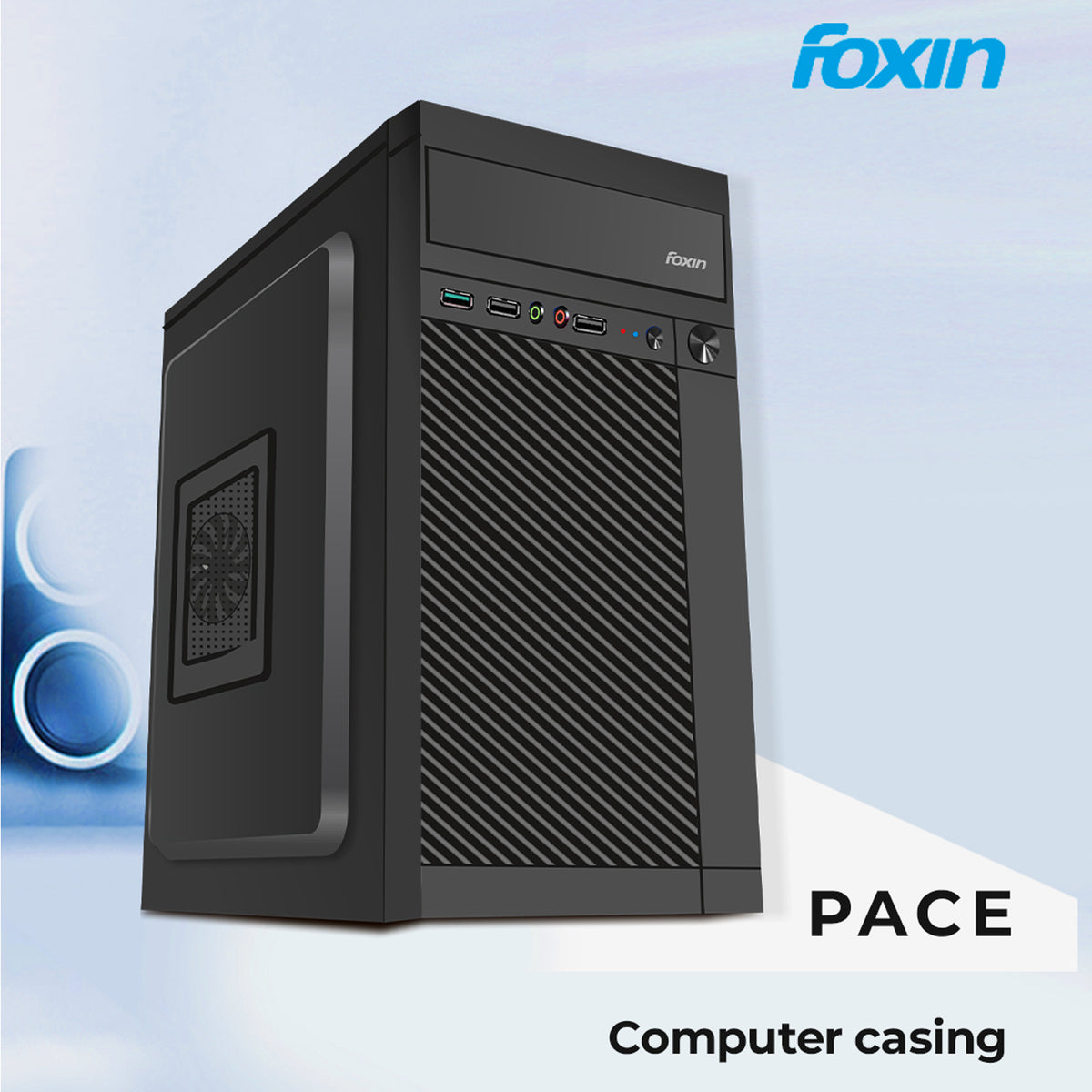 Foxin PACE Desktop Computer Case / PC Cabinet - with Steel Metal Body | Front Panel 2 x USB 1.0 Port | HD Audio/ MIC Jack Port  | 8 CM /12 CM Fan Position | Color Metallic Black