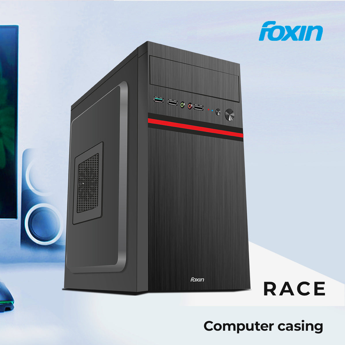 Foxin RACE Desktop Computer Case / PC Cabinet - with Steel Metal Body | Front Panel 2 x USB 1.0 Port | HD Audio/ MIC Jack Port | 8 CM x 12 CM Fan Position | Color Metallic Black