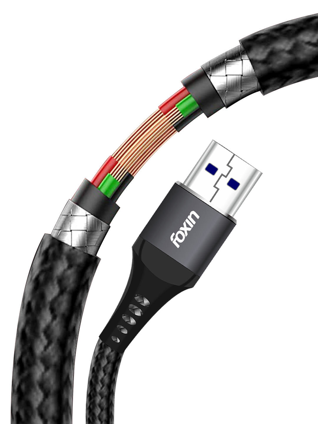 Foxin Mac08 Metal &amp; Nylon Braided 3 In 1 Parallel 4.0A Fast Charging Cable With Aluminium Alloy | 12W Fast Charging | 1.2 Meters Cable (4 feet) | Hi-Speed Smart Charging Cable, For Smartphone, iPhone, Micro And Type-C Devices