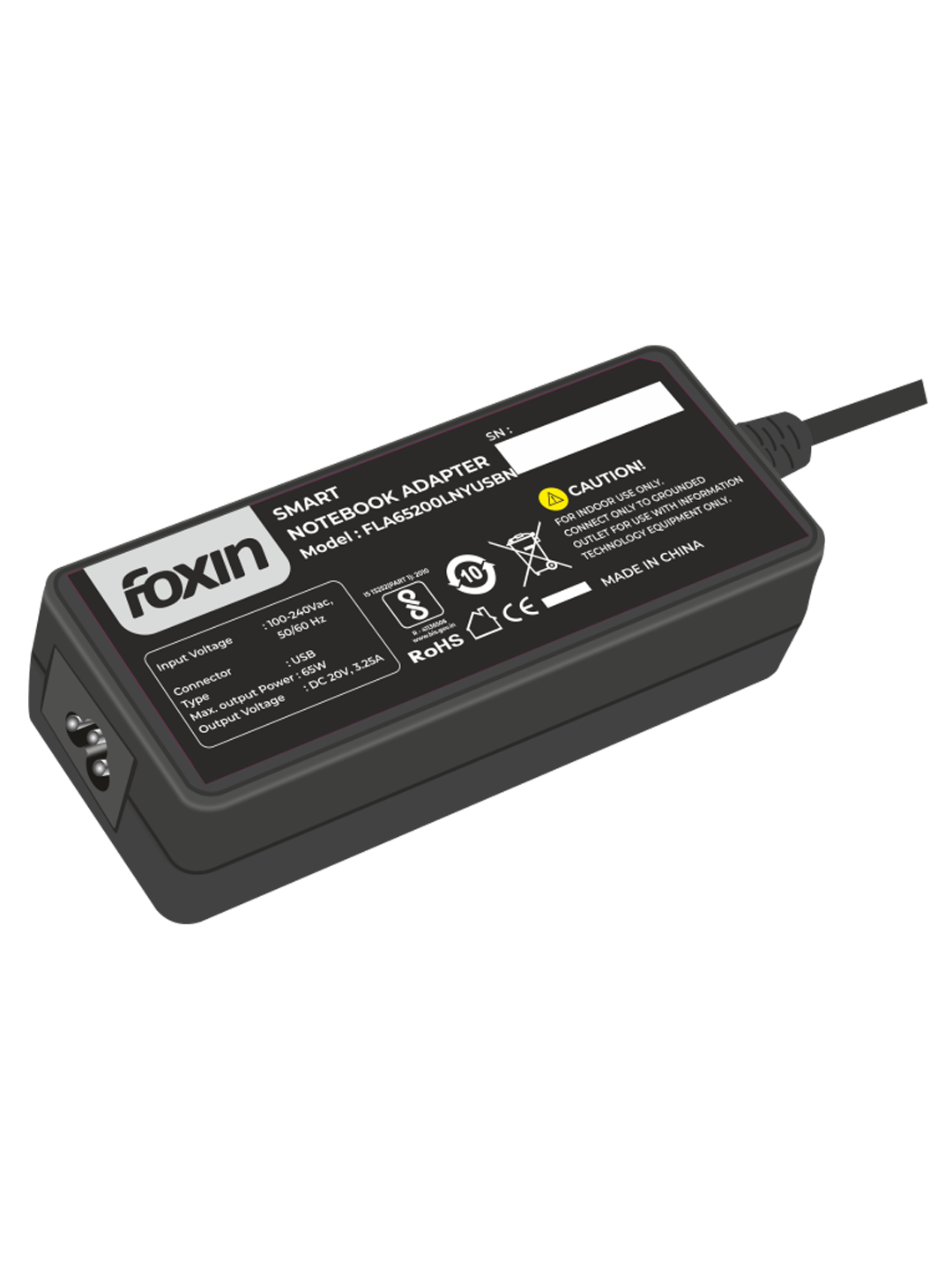 Foxin FLA65200LNYUSBN Laptop Adapter Compatible for Lenovo USB 65Watt 