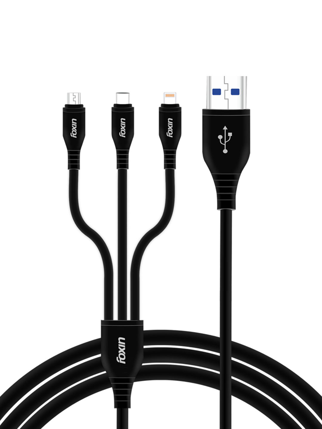 Foxin MAC11 3 in 1 Parallel Charging, 1.2 Meter, Metal PVC with 2.4A Fast Charging cable (Black) 